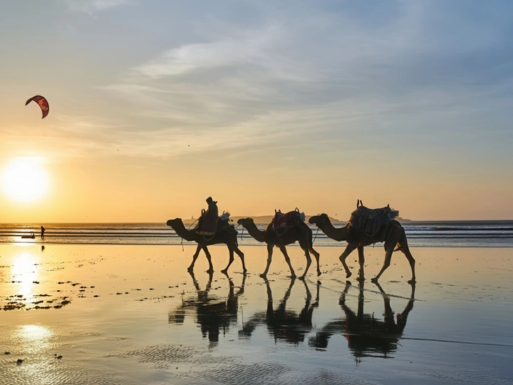 Foto del mare di Essaouira con i kiters su tutta la spiaggia